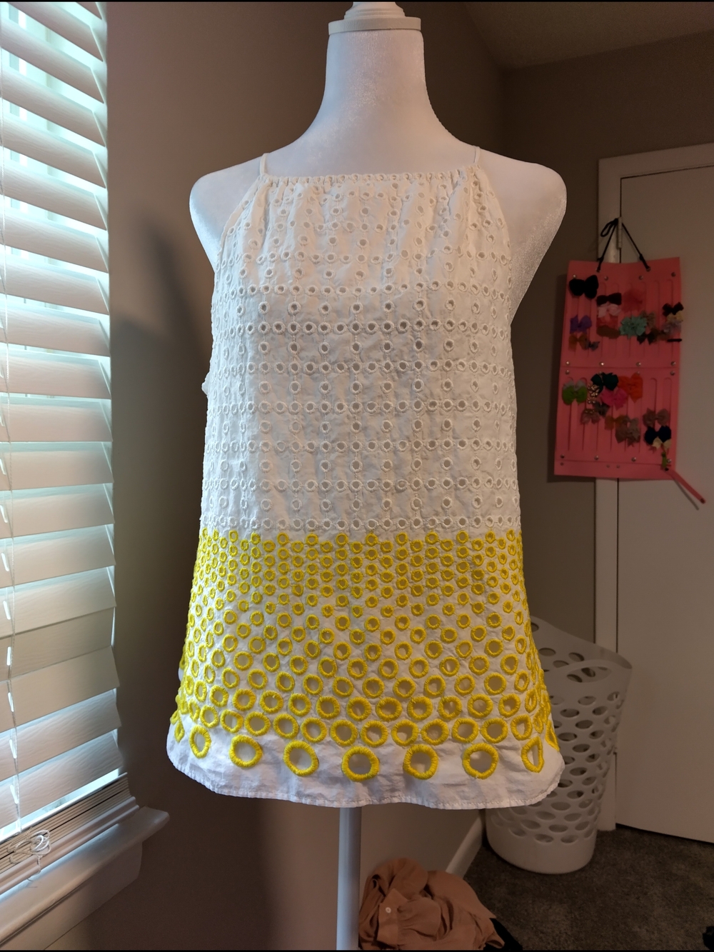 Lisa Perry White and Yellow Eyelet Halter Top